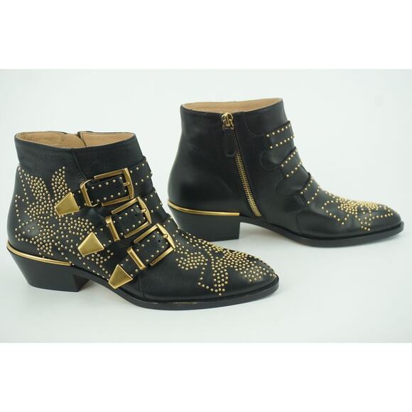 Chloe Suzanna Black Leather copper Studded Ankle Boot Size 35 $1380 Belted - Picture 3 of 11